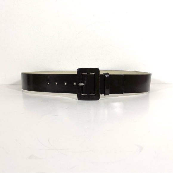 Dark Brown Glossy Leather Belt, Vintage Plain, Wide Chocolate Self Buckle - Picture 2 of 7